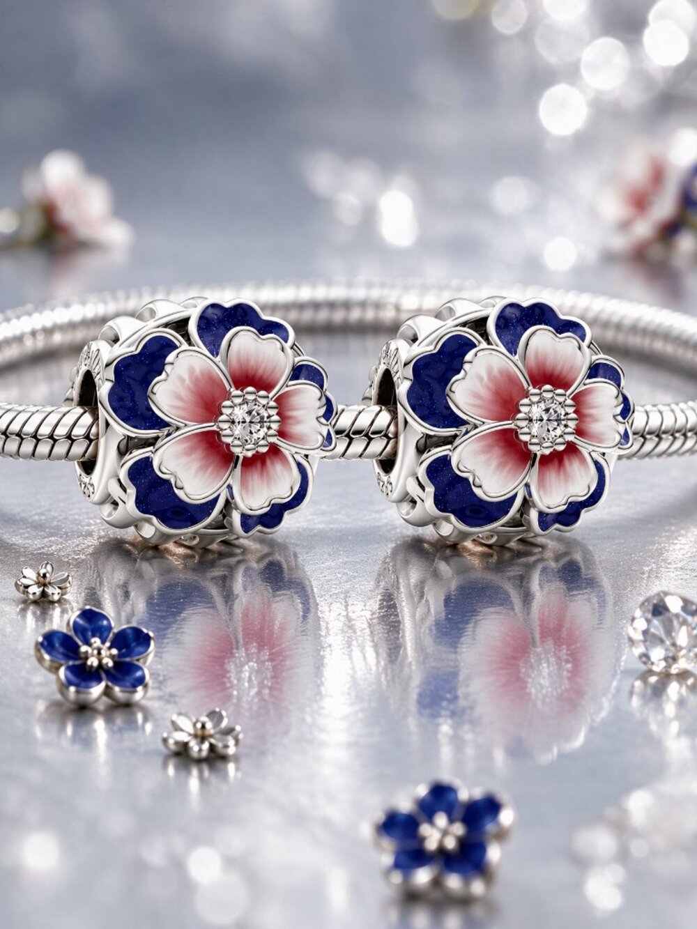 PAIR***Floral Charms with Pink & Blue Enamel